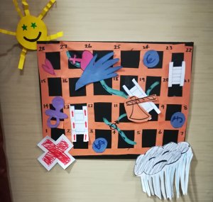 Poster shaped like snakes and ladders representing challenges and strengths of ingenious woman 